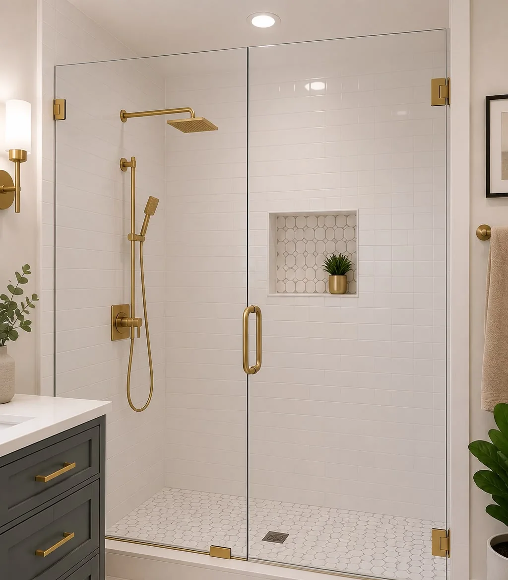 Frameless glass shower enclosure with brushed gold hardware