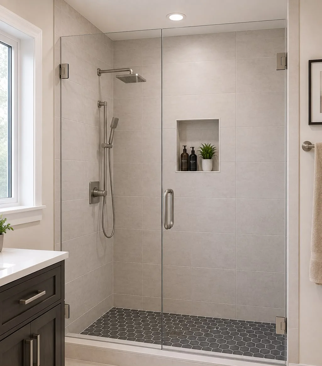 Frameless glass shower enclosure with brushed nickel hardware
