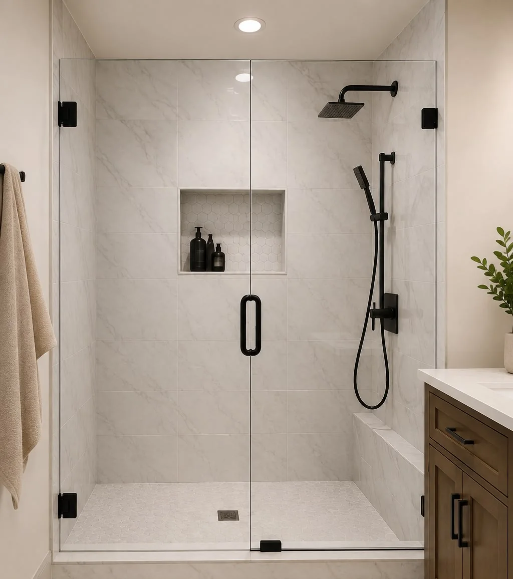 Frameless glass shower enclosure with matte black hardware