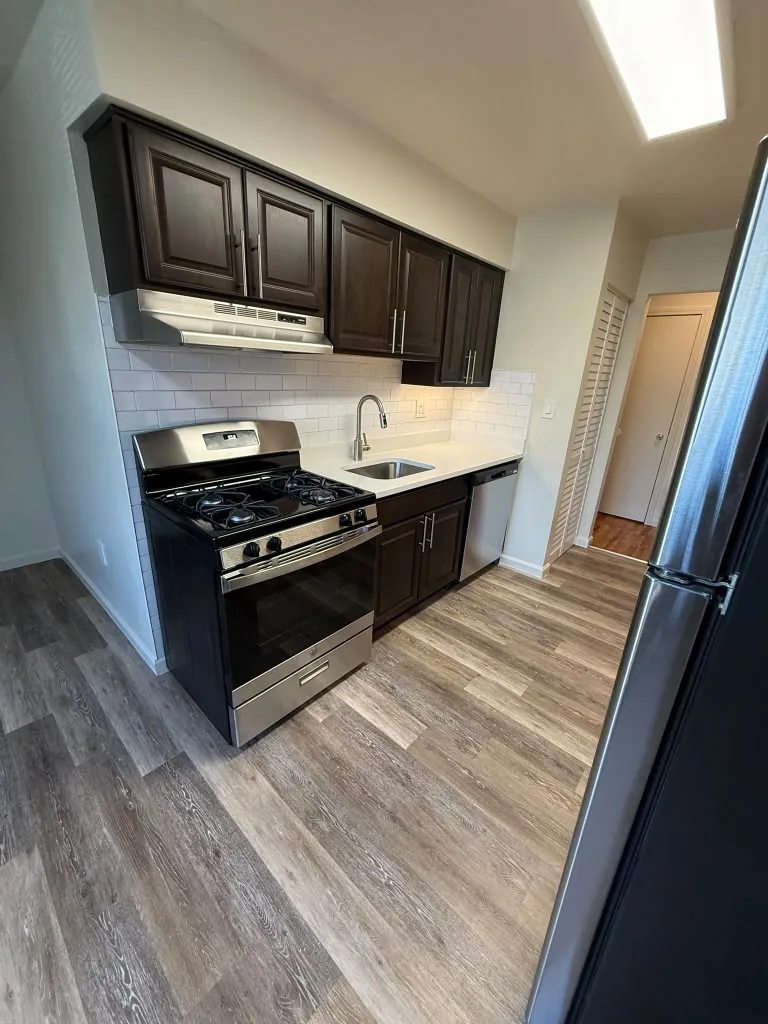 Espresso kitchen with stainless range and hood